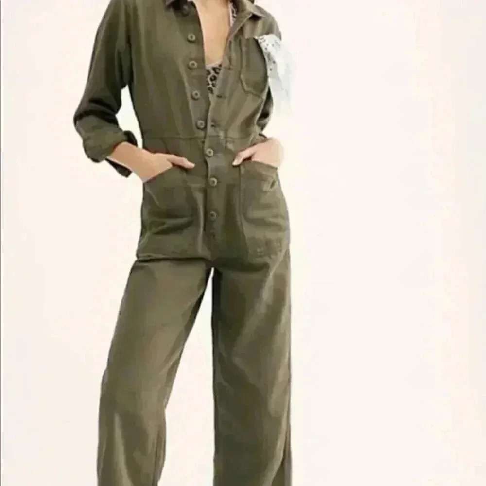 Free People Jumpsuit Utility Gia Coverall Slouchy Olive Distressed Patch Pockets